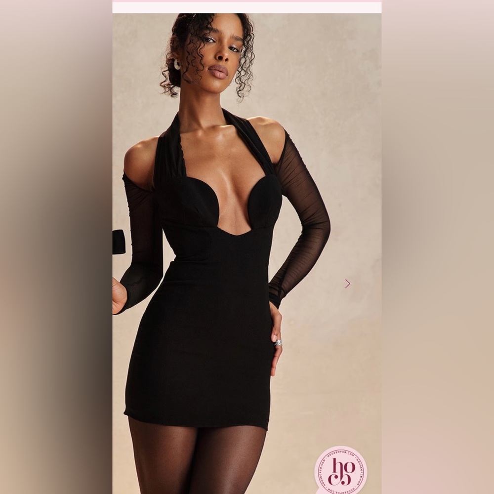 House of CB Holly Black Halter Mini Dress M with Sheer Sleeves